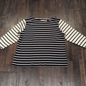 LL Bean Boat Neck Striped 3/4 Sleeve Shirt Womens Large P Cotton Navy White Soft